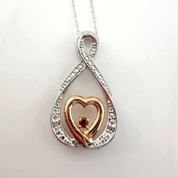 10kt Gold & Sterling Silver Infinity Heart Necklace with Natural Diamonds - Picture 1 of 10